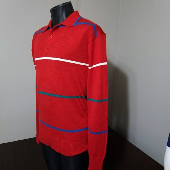 Vintage Emphasis Sweater Knit Polo Shirt Mens Large Red Striped Long Sleeve - Picture 4 of 10